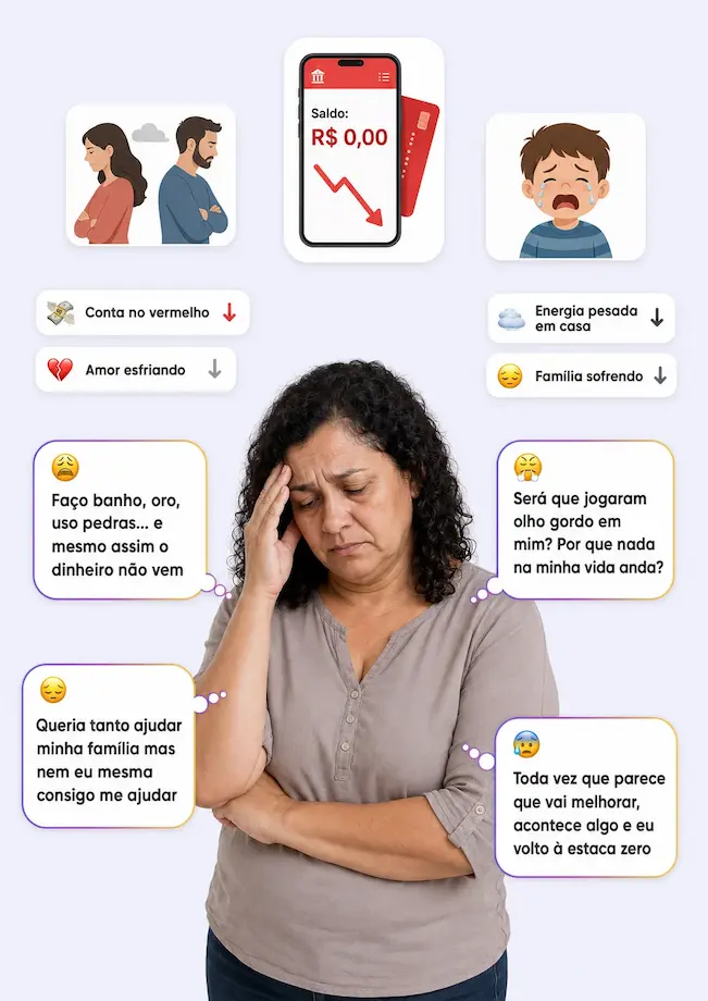 Mulher 45-55 anos, expressão de cansaço emocional, olhando pra baixo